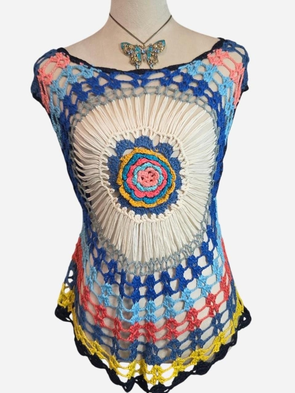 Y2K Handmade Delicate Multicolor Crochet Tunic Top With Floral Center Sz Small